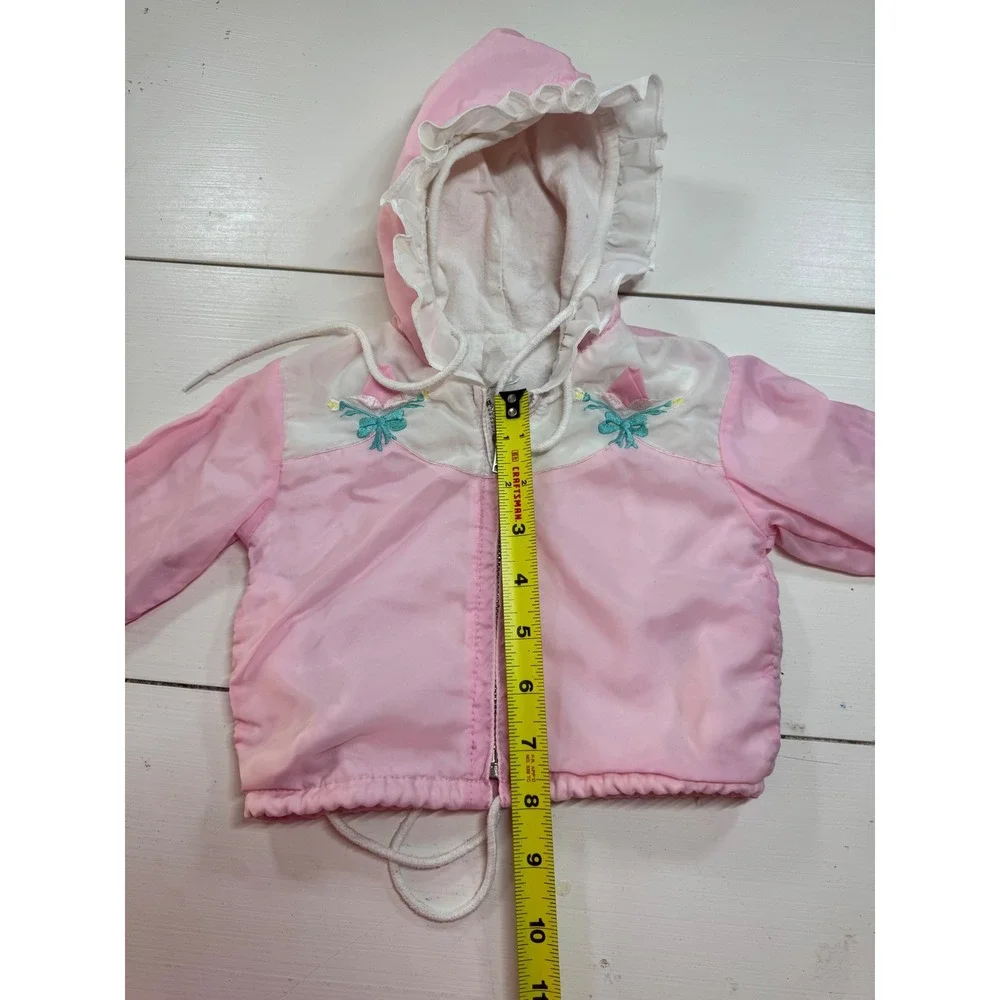 Vintage Pink Ruffle Hooded Windbreaker Jacket Floral Embroidery Baby Toddler
